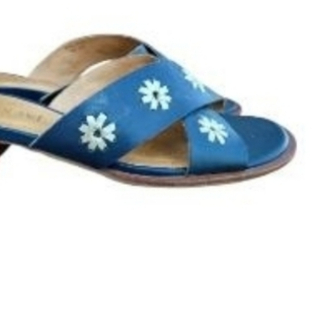 Jack Rogers Navy Blue Tan Leather Daisy Flower Slip On Slide Sandal Women Shoe 8 - Picture 7 of 10